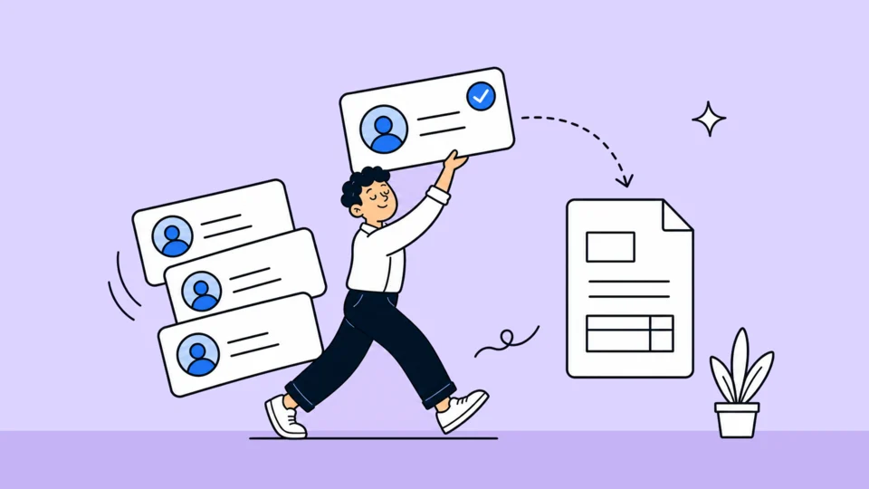 Illustration of a person lifting one saved client card out of a stack and applying it to a blank invoice.