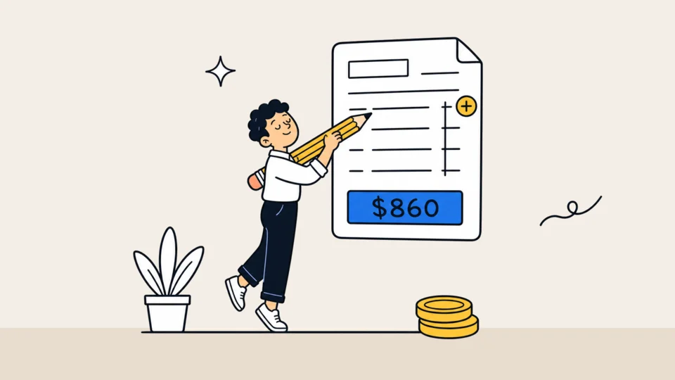 Illustration of a person writing on a large invoice with an oversized pencil, adding a line item, with the total reading $860.