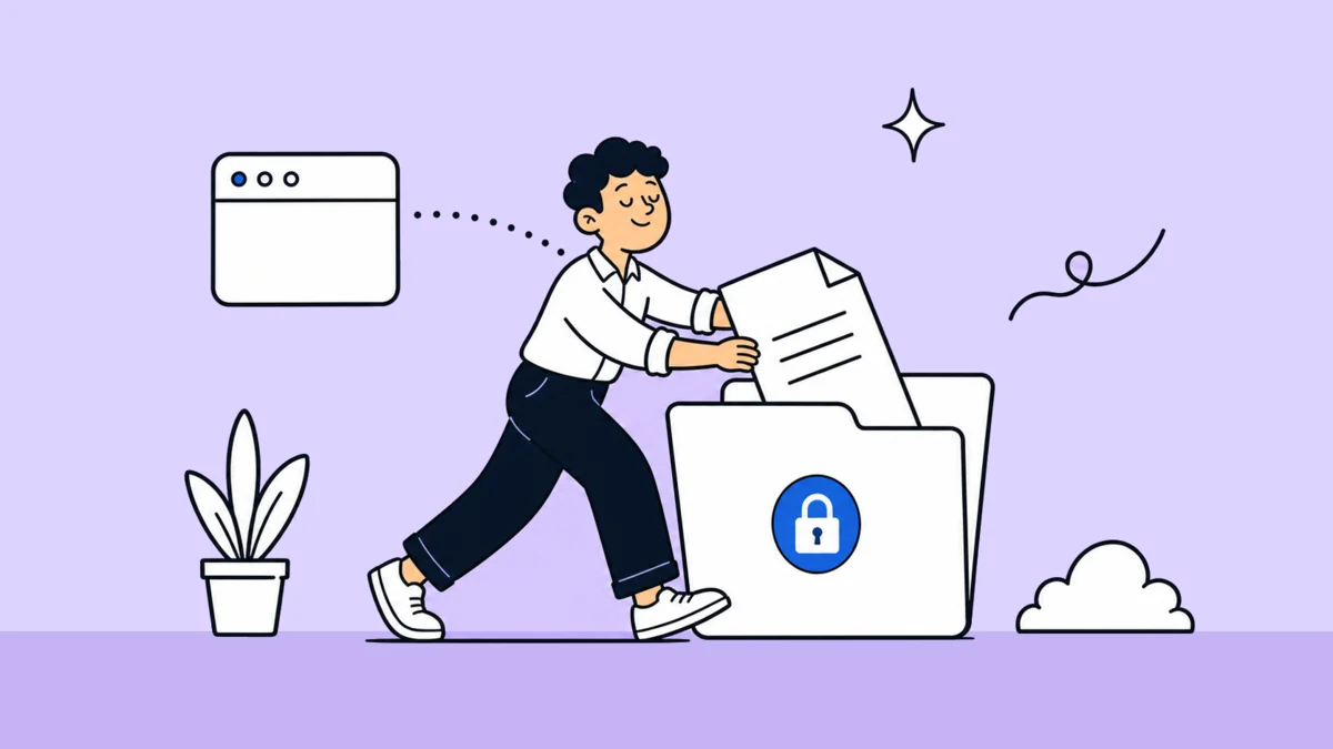 Illustration of a person sliding an invoice into a folder sealed with a padlock, with a dotted line running to it from a browser window.