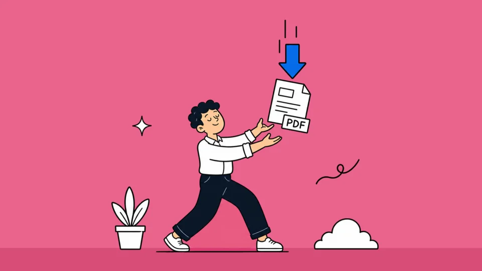 Illustration of a person catching an invoice marked PDF as it slides down a large download arrow.