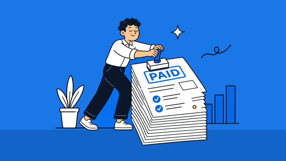 Illustration of a person pressing a PAID stamp onto the top sheet of a tall stack of invoices, with a rising bar chart behind.