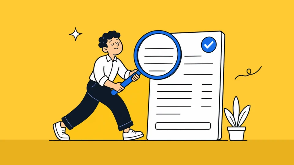 Illustration of a person inspecting a large invoice through a magnifying glass, with a checkmark badge on the page.