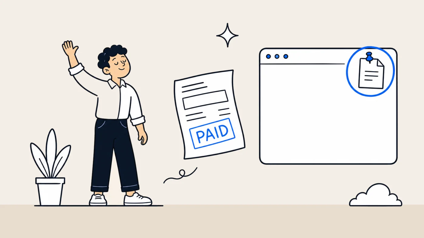 The invoice extension pinned in a browser toolbar, connected to a finished invoice stamped PAID with a total of $1,240.00.