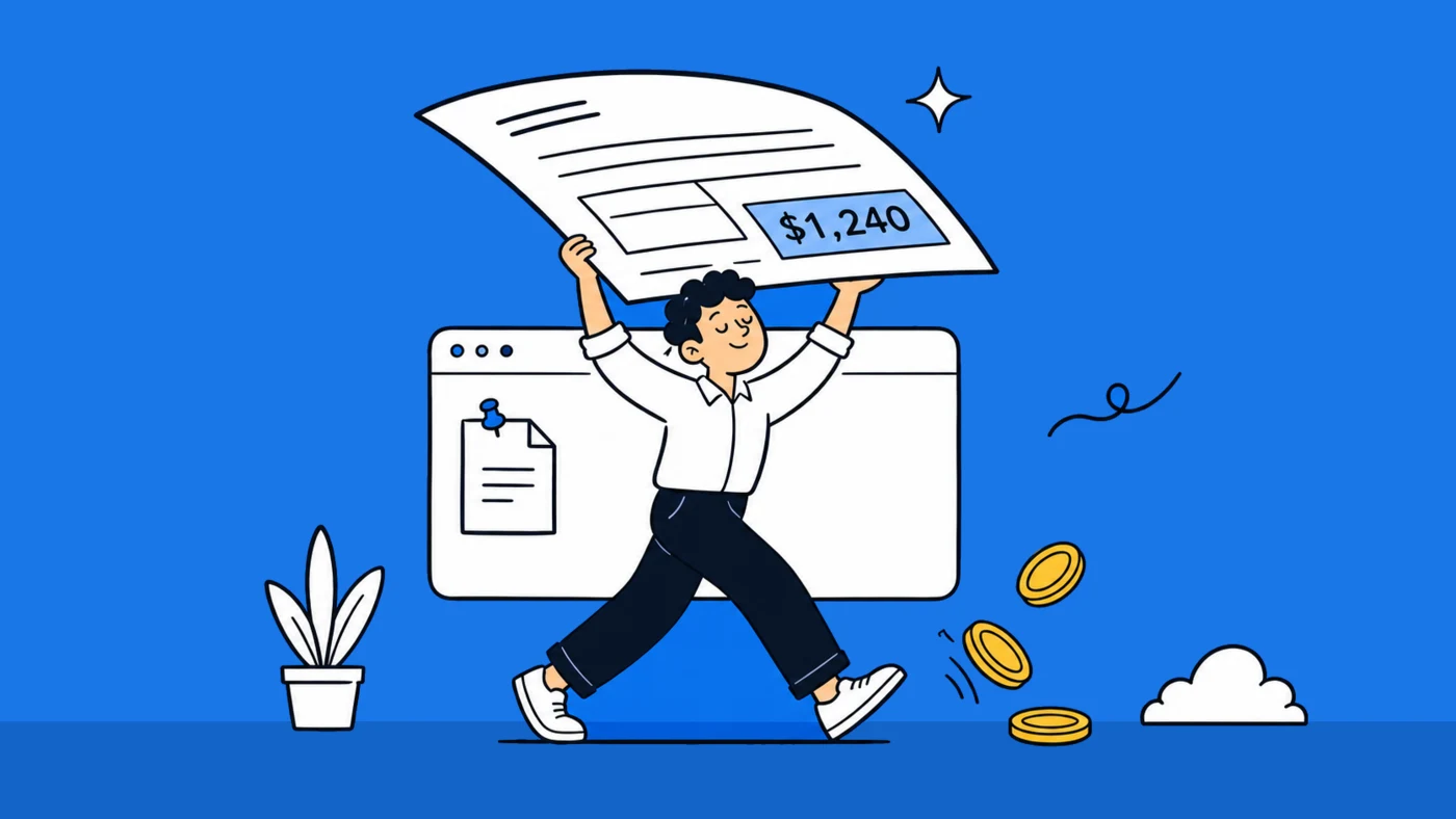 Illustration of a person carrying a large invoice overhead showing a total of $1,240, walking past a browser window with the extension pinned to it.