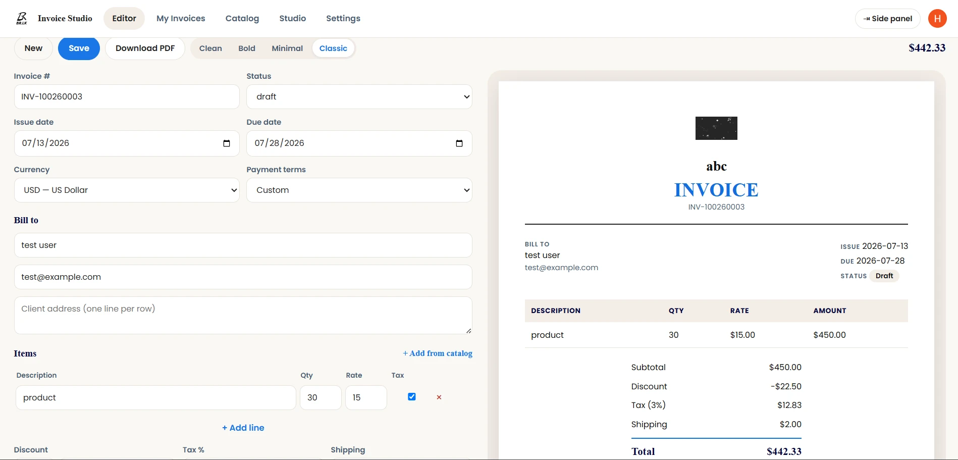 The BR.LK Invoice Studio editor, showing invoice fields on the left and a live A4 invoice preview on the right with subtotal, discount, tax, shipping and total.
