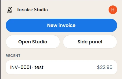 The BR.LK Invoice Studio toolbar popup with buttons for a new invoice, opening the studio, opening the side panel, and a list of recent invoices.